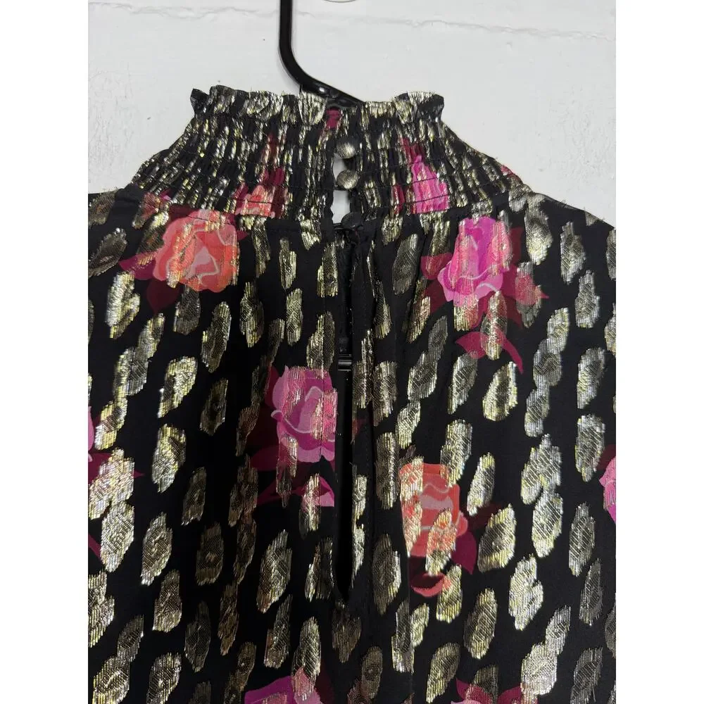 Kate Spade rose garden Smocked Shift Dress Womens Small Black Gold Silk